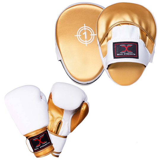 (Golden/White Focus Pad With White/Gold Gloves, 8 oz) MAX STRENGTH Boxing Gloves & Focus Pads Set for Kickboxing MMA Muay Thai
