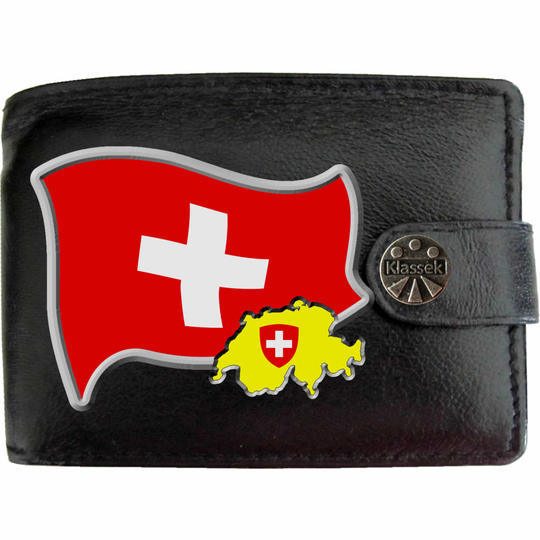 (Standard) SWITZERLAND Flag Swiss Map COA Mens Wallet Chain Leather Coin Pocket Klassek RFID Blocking Credit Card Slots and Metal Gift Box