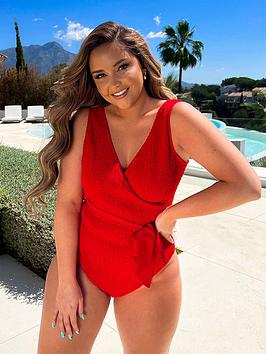 In The Style Jac Jossa Red Crinkle Wrap Belted Swimsuit