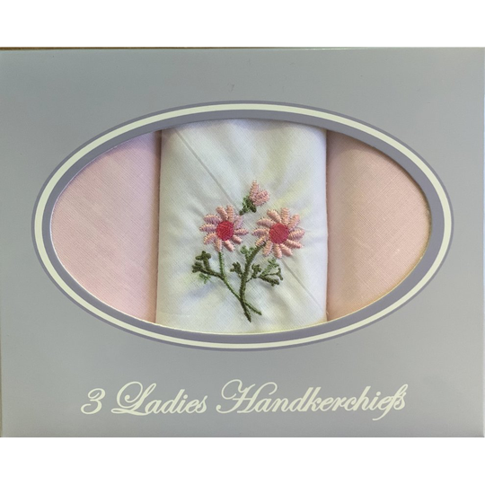 Ladies Women Plain Cotton Handkerchiefs Hankies 3 Pack Gift Box Embroidered