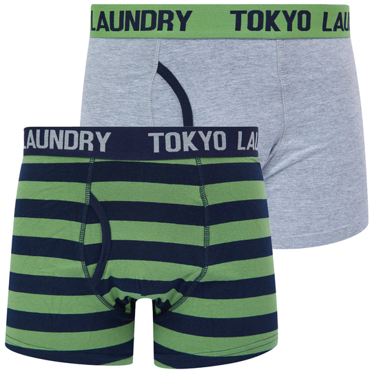Mens Underwear Samein (2 Pack) Striped Boxer Shorts Set in Green Eyes / Light Grey Marl - Tokyo Laundry / S - Tokyo Laundry