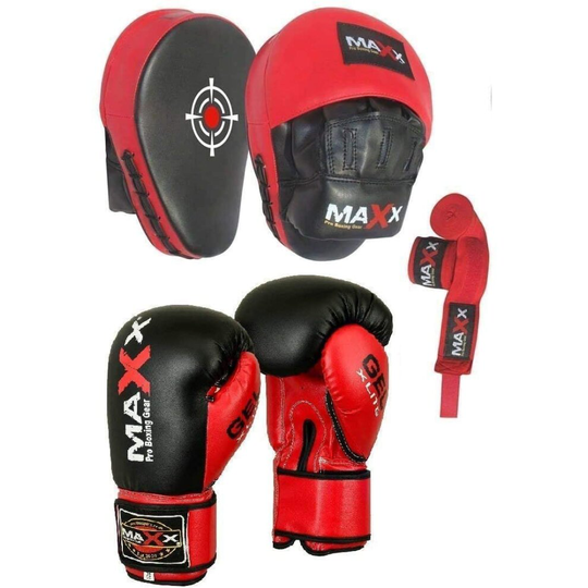 (4oz Glove) Maxx BOXING GLOVES & LEATHER CURVED FOCUS PADS WITH FREE HAND WRAP