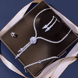 Bridal Jewelry Sets Four-piece Suit White Zircon Rhinestone 1 Bracelet 1 Ring Earrings Necklace Women's Luxury Transparent Flower Shape Y Shaped Jewelry Set For Party Wedding Engagement Lightinthebox
