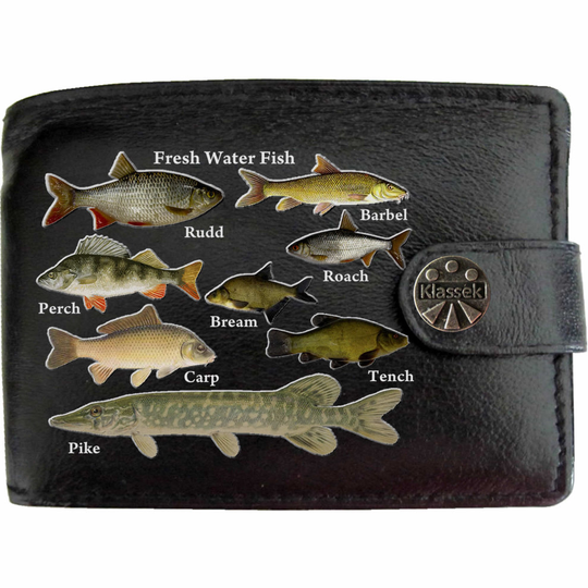 (Standard) Freshwater Fishermans Fishing Mens Wallet Chain Leather Coin Pocket Klassek RFID Blocking Credit Card Slots and Metal Gift Box