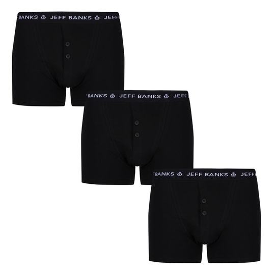 (M) Jeff Banks 3 Pack Men's Marlow Button Boxer Shorts- All Black