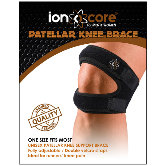 (One size - 100% Neoprene) Knee support brace strap with open patella from ionocore®. For running, jumping, outdoors sports and pain relief. One size.