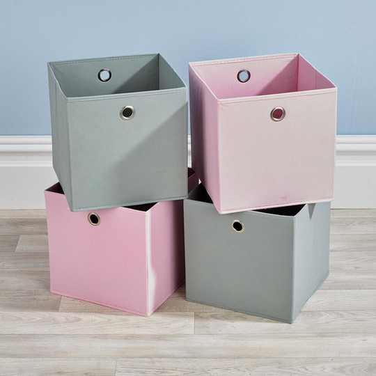 Folding 2 Pink 2 Grey Square Storage Utility Box Fabric Cube 4pc Set Basket Bag