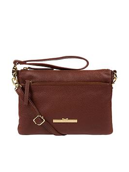 Pure Luxuries London Lytham Zip Top Leather Cross Body Clutch Bag, Chestnut, Women