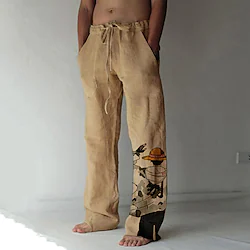 Inspired by One Piece Monkey D. Luffy Linen Pants Straight Trousers Baggy Pants Anime Elastic Drawstring Design Front Pocket Pants For Men's Adults' Hot Stamping Cotton Blend Daily Yoga Lightinthebox