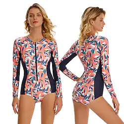 Women's Rash Guard One Piece Swimsuit UV Sun Protection UPF50 Breathable Long Sleeve Bodysuit Bathing Suit Front Zip Swimming Surfing Beach Water Sports Floral Autumn / Fall Spring Summer / Stretchy Lightinthebox