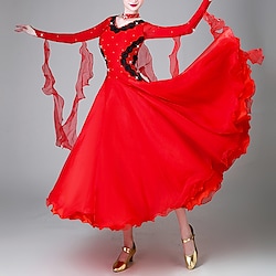 Ballroom Dance Dress Splicing Crystals / Rhinestones Women's Performance Training Long Sleeve Spandex Organza Lightinthebox