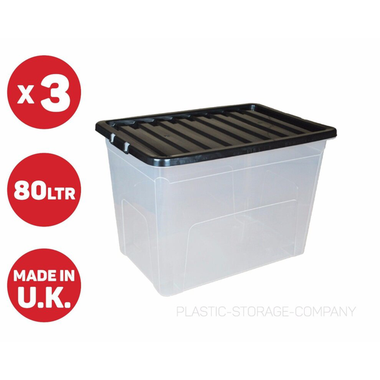 3 X 80 LITRE PLASTIC STORAGE BOX - QUALITY CONTAINER CLEAR WITH BLACK