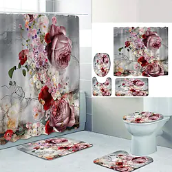 Peony Wreath Digital Printing Four-piece Set Shower Curtains and Hooks Modern Polyester Machine Made Waterproof Bathroom Lightinthebox