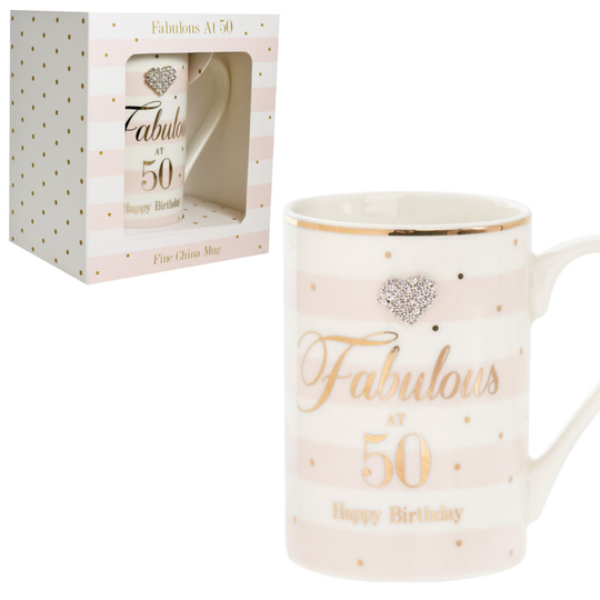 Mad Dots Boxed Checked Mug Cup with wording & diamante heart - 50th Birthday