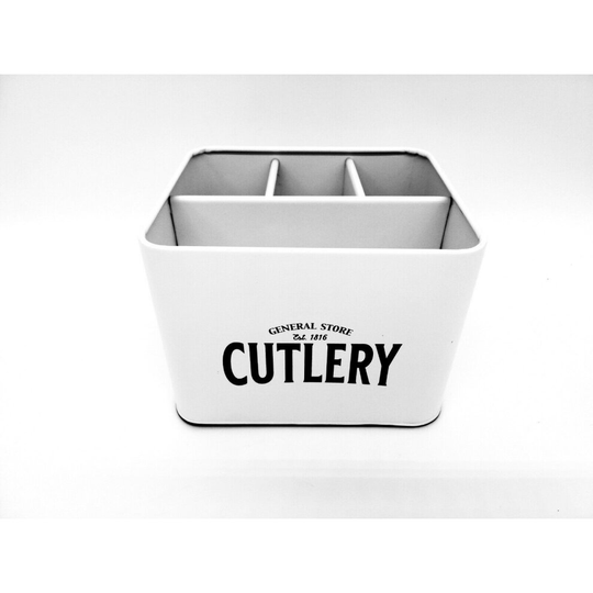 Vintage Style Cutlery Box Holder White Tin Storage Container Kitchen