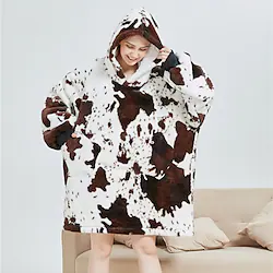 Adults' Oversized Hoodie Blanket Wearable Blanket With Pocket Milk Cow Spot Onesie Pajamas Flannel Fabric Cosplay For Men and Women Christmas Animal Sleepwear Cartoon Festival / Holiday Costumes Lightinthebox