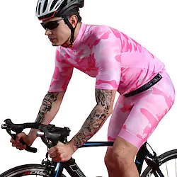 BOESTALK Men's Cycling Jersey with Bib Shorts Short Sleeve Mountain Bike MTB Road Bike Cycling Rosy Pink Blue Blue Pink Patchwork Camo / Camouflage Bike Clothing Suit Breathable Quick Dry Moisture Lightinthebox