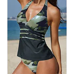 Women's Swimwear Tankini 2 Piece Plus Size Swimsuit Open Back Printing for Big Busts Camouflage Leopard Army Green Rainbow Vest V Wire Bathing Suits New Vacation Fashion / Modern / Padded Bras Lightinthebox
