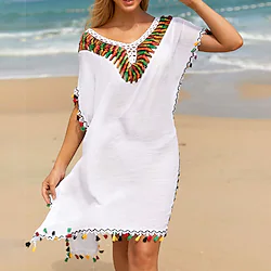 Women's Swimwear Cover Up Beach Dress Normal Swimsuit UV Protection Tassel Color Block White Black Off Shoulder Bathing Suits New Stylish Vacation Lightinthebox