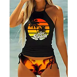 Women's Swimwear Tankini 2 Piece Plus Size Swimsuit Backless Ruched Print Palm Tree Sunset Green Black Yellow Light Green Orange Bathing Suits New Sporty Casual / Vacation / Modern / Letter Lightinthebox