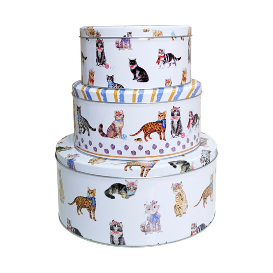 (Cats on Parade) Cake Storage Tins Set 3 Round Nesting Kitchen