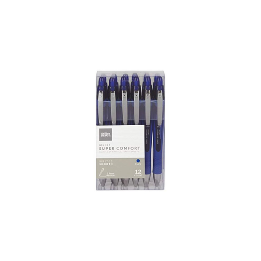 Office Depot Super Comfort Grip Retractable Gel Pens, Medium Point, 0.7 mm, Blue Barrel, Blue Ink, Pack Of 12