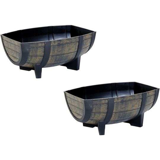 (Set of 2) Wood Effect Round Plastic Half Barrel Tub Plant Flower Planter Pot Box Container