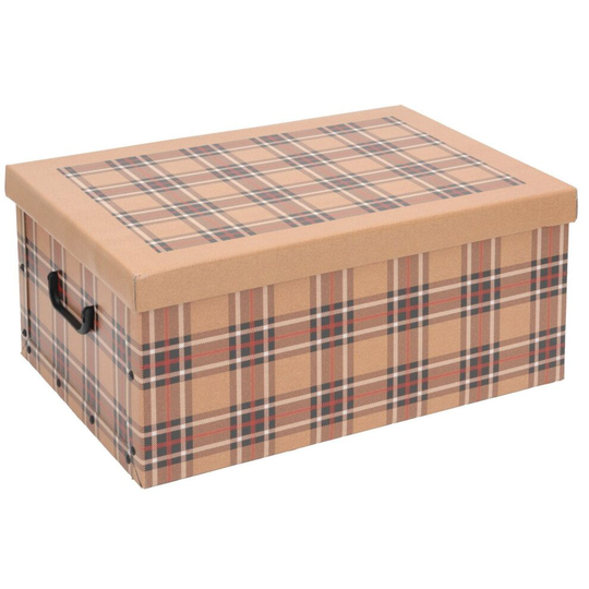 (Cream Tartan) Cardboard Large Storage Boxes With lids Tartan Design Storage Box Toy Box Handle