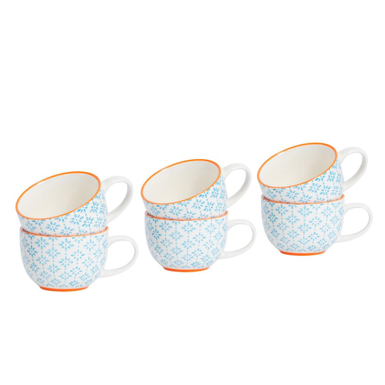 Cappuccino Coffee Tea Latte Patterned Porcelain Cups - Blue Orange - 250ml x6