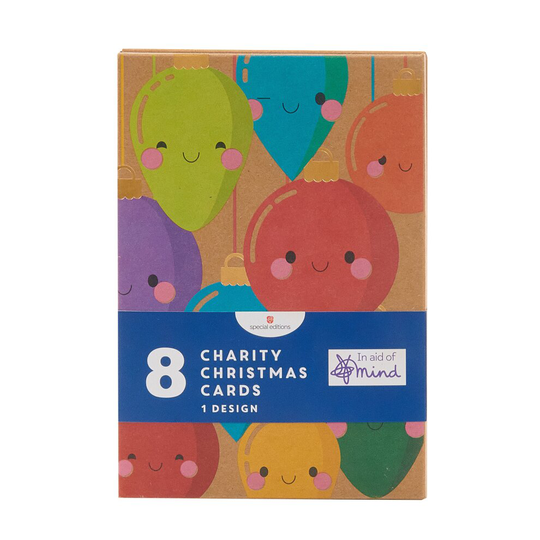 Box of 8 Festive Xmas Baubles In Aid Of Mind Charity Christmas Cards In Wallet